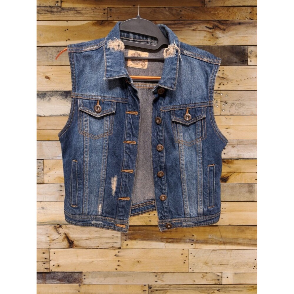 IM Jeans Distressed Denim Vest Medium Wash Button Front Blue Size M Y2K Grunge
